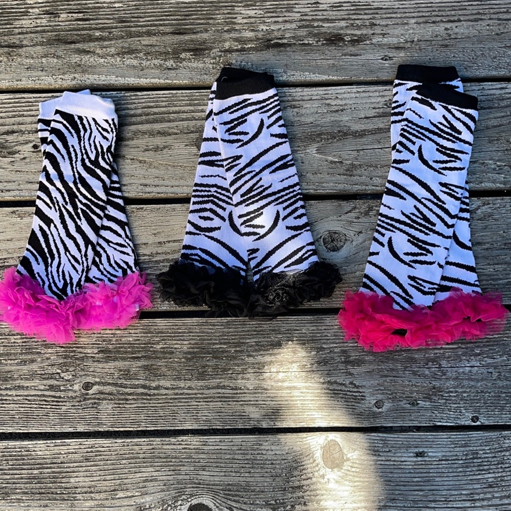 3 pairs Girls leg warmers zebra pink blk baby toddler new
